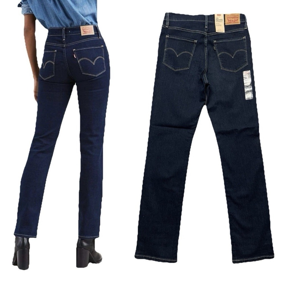 Levi's Sz 34 Women's‎ 724 High Rise Straight Jeans Frayed Raw Hem Dk Blue Wash - Picture 13 of 13